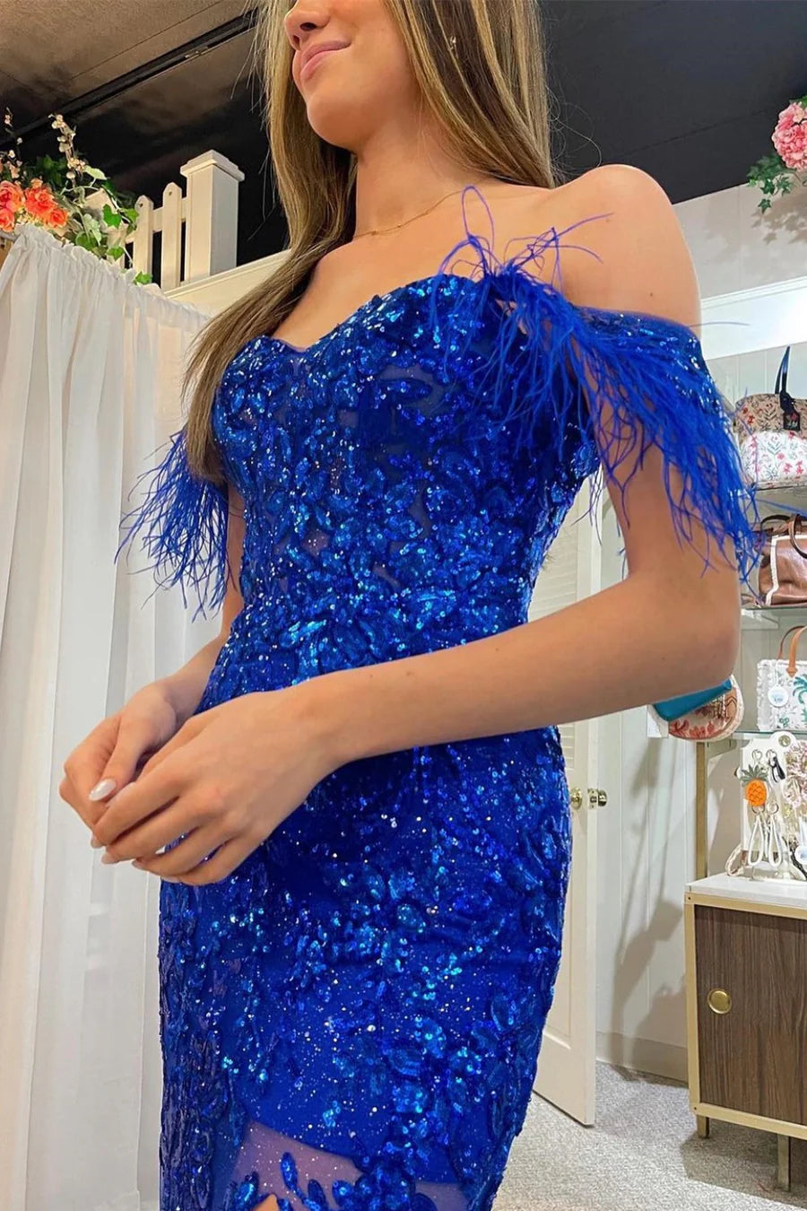 Off-the-Shoulder Sequin Applique Mermaid Long Dress with Slit