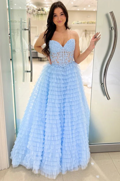 Appliques Sweetheart Ruffle Tiered A-Line Prom Dress