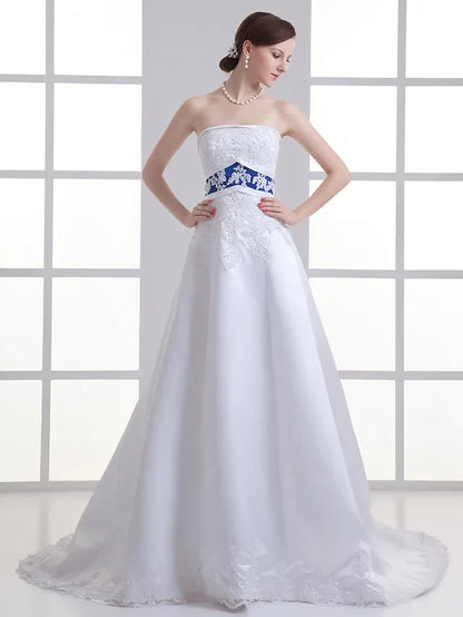 A-Line Wedding Dresses Strapless Court Train Organza Satin Strapless with Pick Up Skirt Ruched Beading