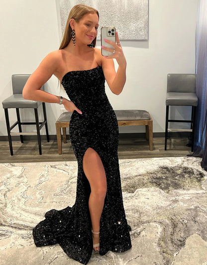 Sheath Strapless Tight Sequin Prom Dress with Split