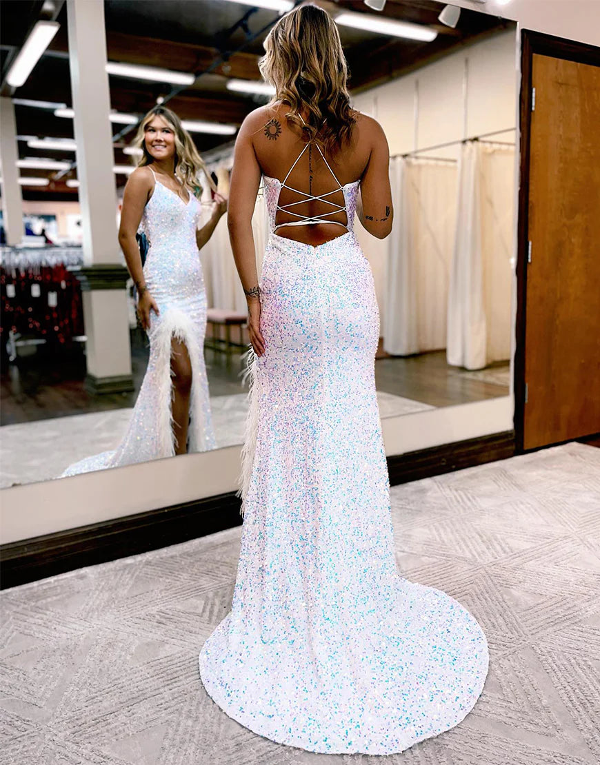 Sequin Side Slit Prom Dress with Feather