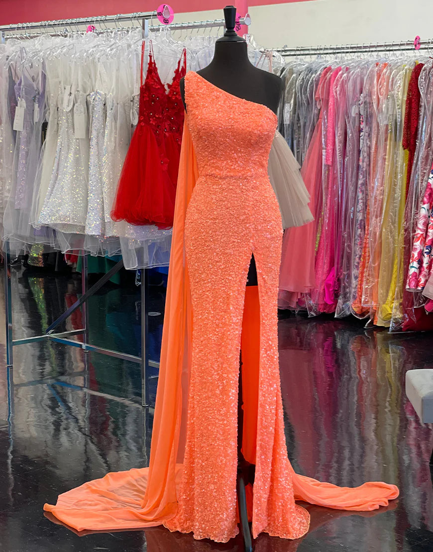 One Shoulder Sequin Prom Dress with Floating Sleeves