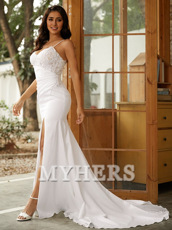 My Hers Exquisite Wedding Dresses Mermaid Sheath/Column Stretch Crepe Lace V-neck Sleeveless Sweep/Brush Train Elegant Sparkle Wedding Guests Dresses