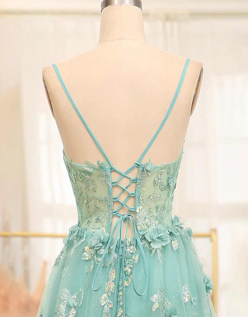 A Line Tulle Appliqued Long Prom Dress With Slit