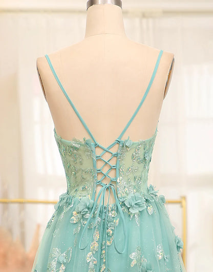 A Line Tulle Appliqued Long Prom Dress With Slit