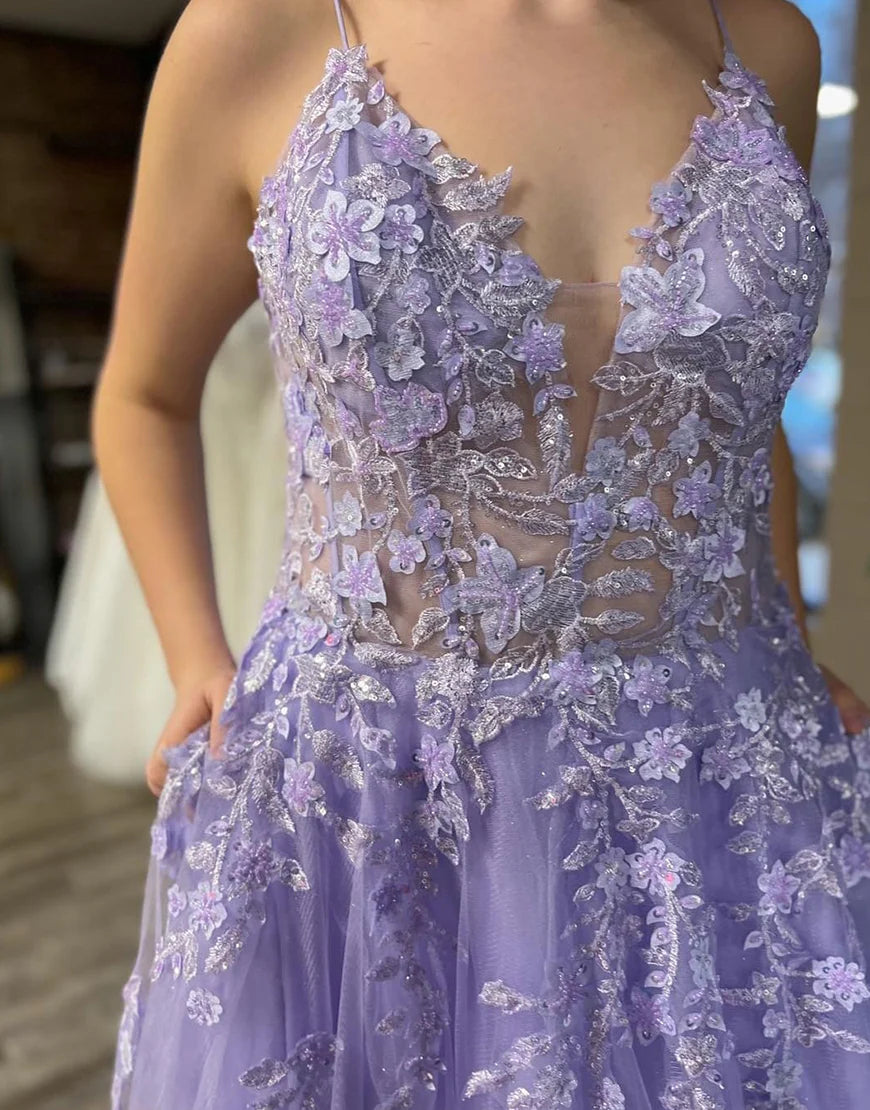 A-Line Tulle Appliques Long Prom Dress With Slit