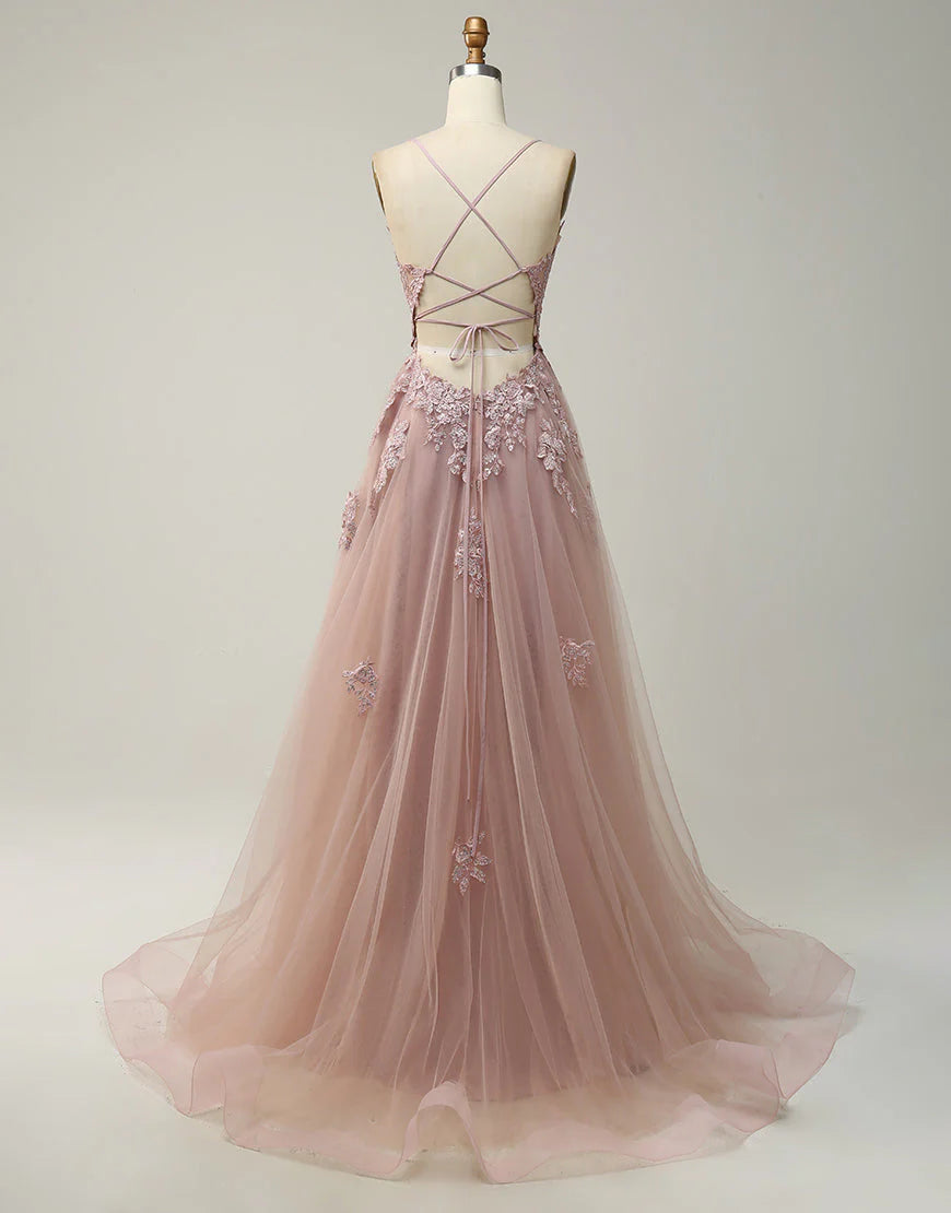 A-Line Tulle Appliques Long Prom Dress With Slit