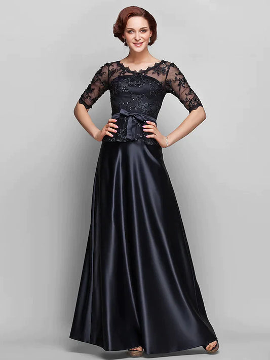 A-Line Mother of the Bride Dress See Through V Neck Floor Length Lace Satin Half Sleeve with Lace Bow(s) Beading