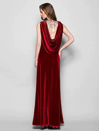 Mother of the Bride Dress Cowl Neck Floor Length Velvet Sleeveless with Crystals Beading