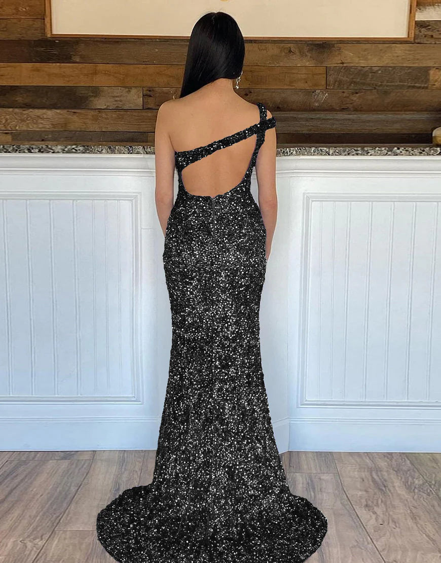 One Shoulder Open Back Sequin Prom Dress