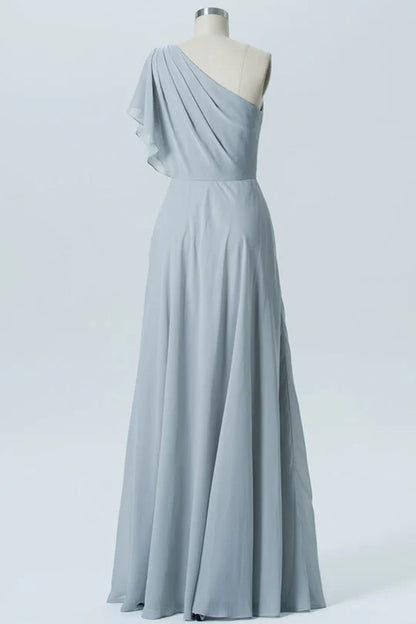 Light Grey One Sleeve One-Shoulder Long Bridesmaid Dress