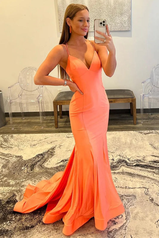 V-Neck Lace-Up Back Trumpet Long Formal Dress