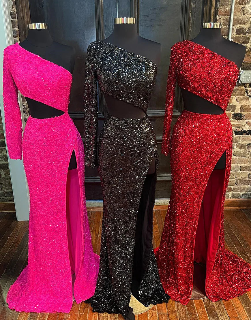 Split Sequin Prom Dress with Sleeves