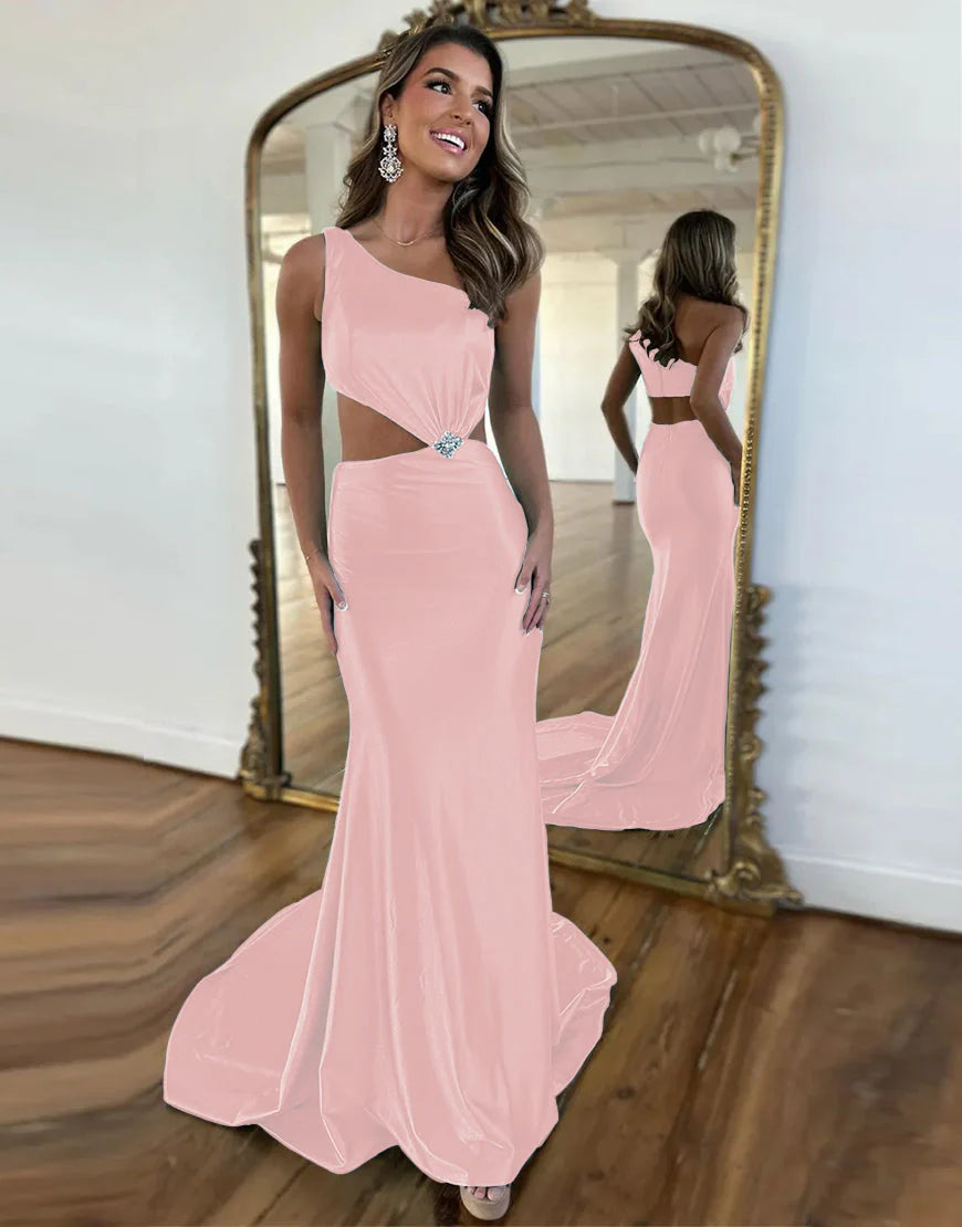 One Shoulder Cutout Waist Long Satin Mermaid Prom Dress With Beading