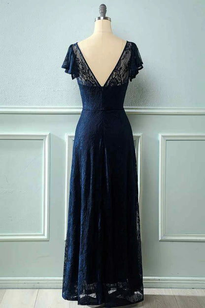 Royal Blue Round neck Lace Backless Cap Retract your waist Sleeve Bridesmaid Dress ﻿