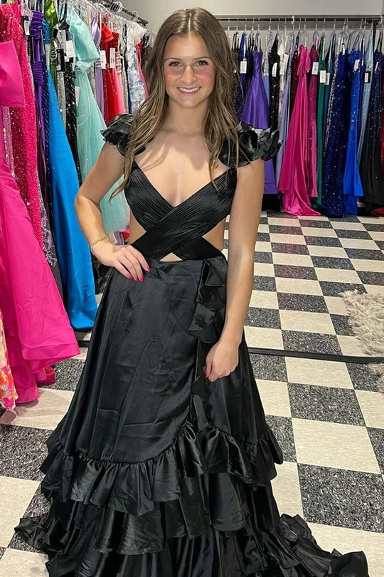 Cutout Ruffle A-Line Long Prom Dress with Slit