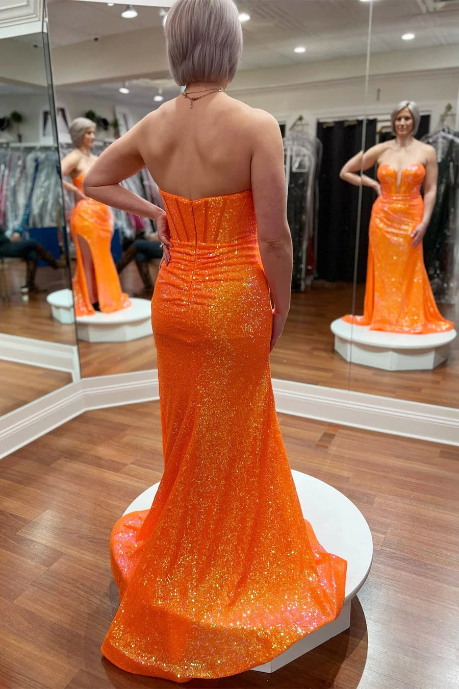 Sequin Strapless Mermaid Long Prom Dress with Balloon Sleeves