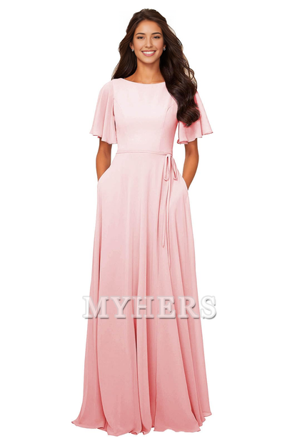 Chiffon Modest A Line Bateau Neck Flutter Sleeve Elegant Bridesmaid Dresses Wedding Guests Dresses