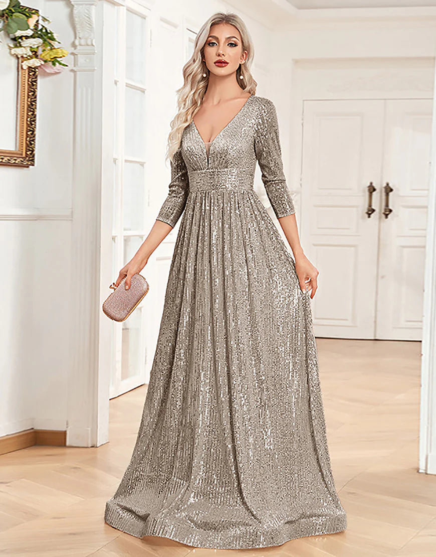 A-Line Glitter Long Mother of the Bride Dress with 3/4 Sleeves