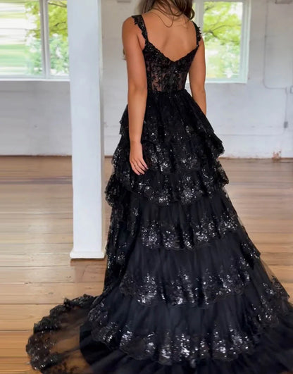 A-Line V Neck Tiered Long Prom Dress With Slit