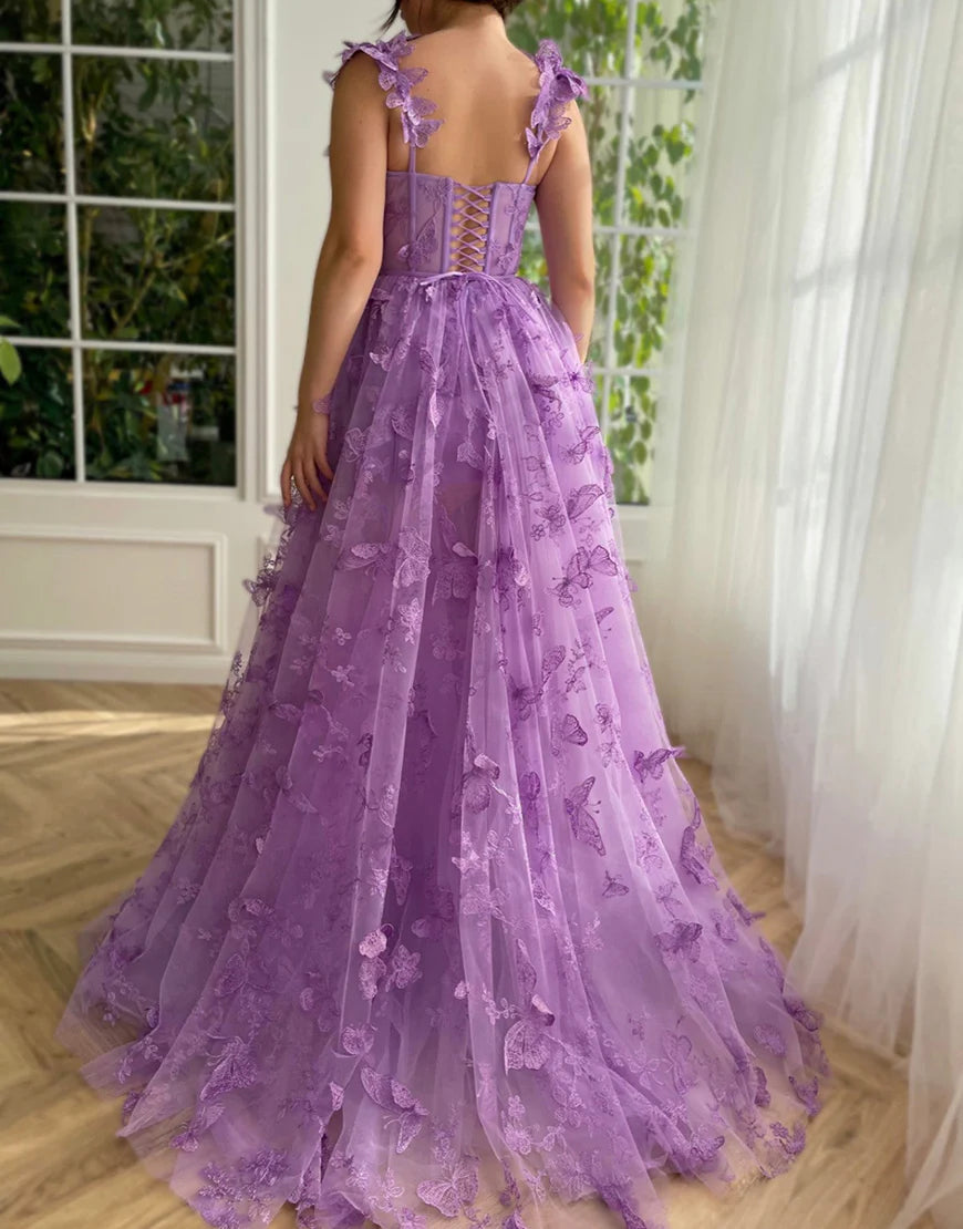 Butterflies Appliques Green Long Prom Dress With Slit