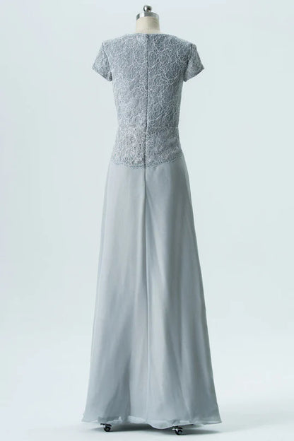 Grey V-Neck Chiffon Short Sleeve Wrap Applique Bridesmaid Dress