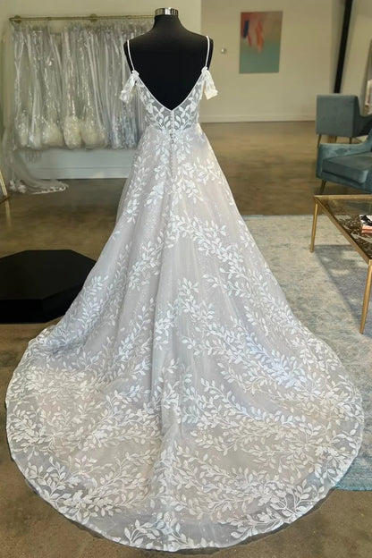 Ivory Cold-Shoulder Backless Spaghetti Strap Appliques A-Line Mopping The Floor Wedding Dress ﻿