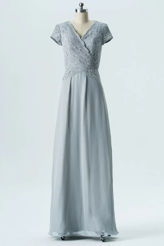 Grey V-Neck Chiffon Short Sleeve Wrap Applique Bridesmaid Dress