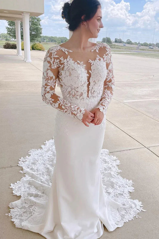 Charming Mermaid Round Neck Satin Backless Wedding Dresses with Appliques