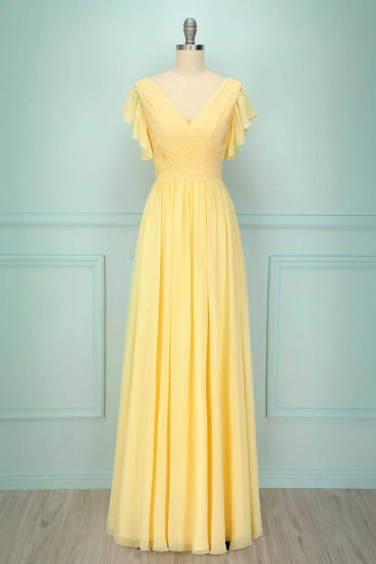 Yellow V-Neck Classic fit Ruffled Pleated Backless Bridesmaid Dress