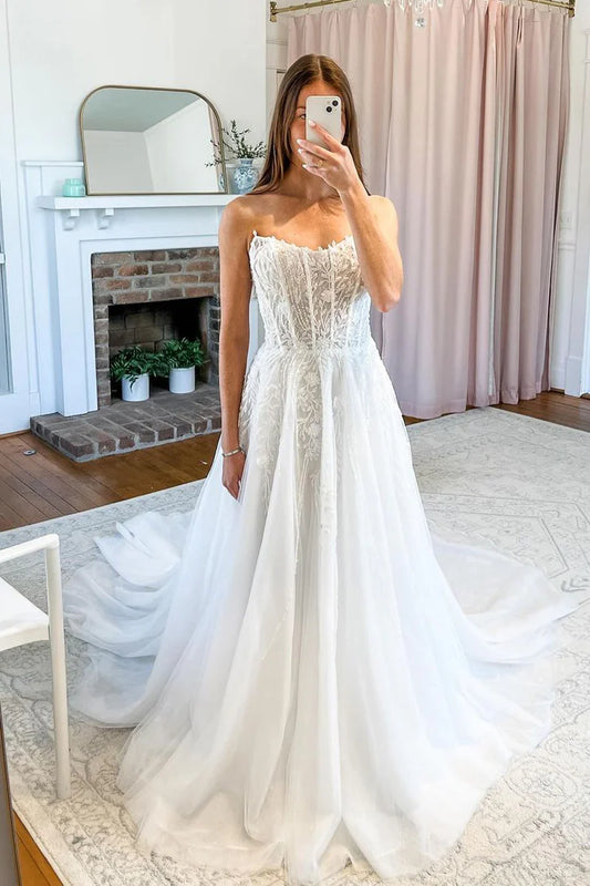 A-Line Strapless Off-the-Shoulder Tulle Lace Wedding Dresses with Train