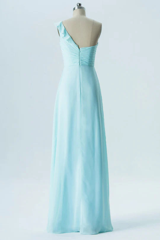 Light Blue Chiffon A-Line One-Shoulder Ruffled Bridesmaid Dress