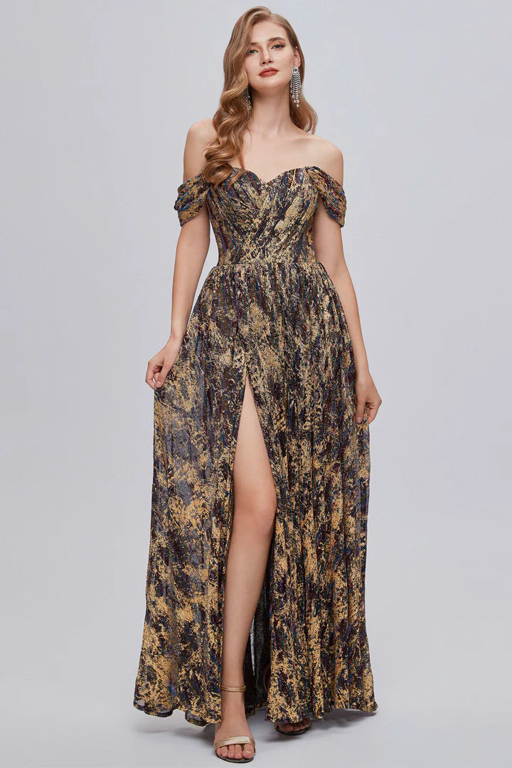 Floral Print Off-the-Shoulder A-Line Long Prom Dress