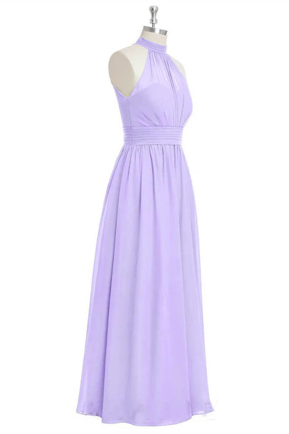 Lavender Chiffon Halter Round neck A-Line Long Bridesmaid Dress