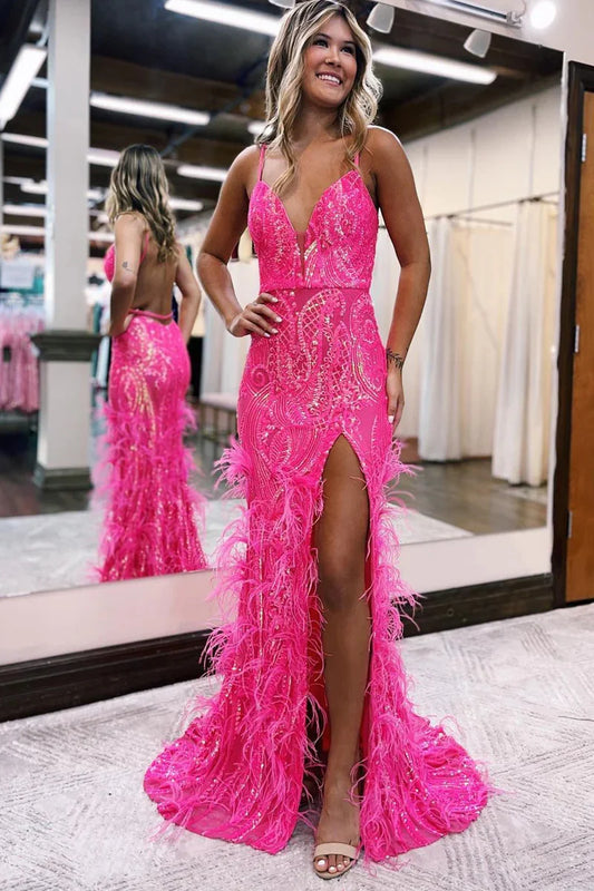 Cute Mermaid V Neck Hot Pink Sequins Backless Long Prom Dress with Feather