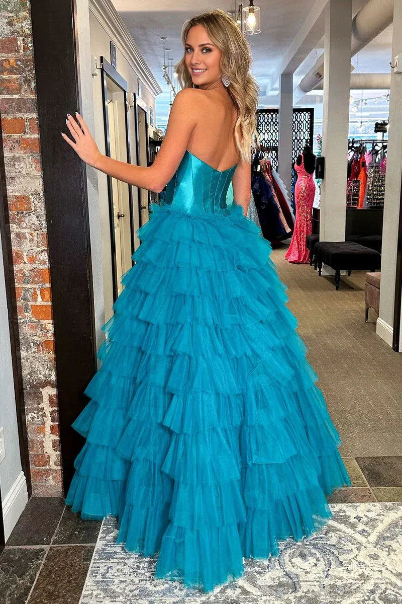Princess Sweetheart Blue Off-the-Shoulder Tiered Split Fork Tulle Long Prom Dresses