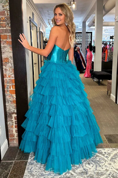 Princess Sweetheart Blue Off-the-Shoulder Tiered Split Fork Tulle Long Prom Dresses