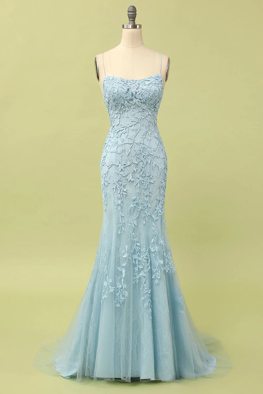 Mermaid Spaghetti Straps Light Pink Tulle Slim-fit Long Prom Dress with Appliques