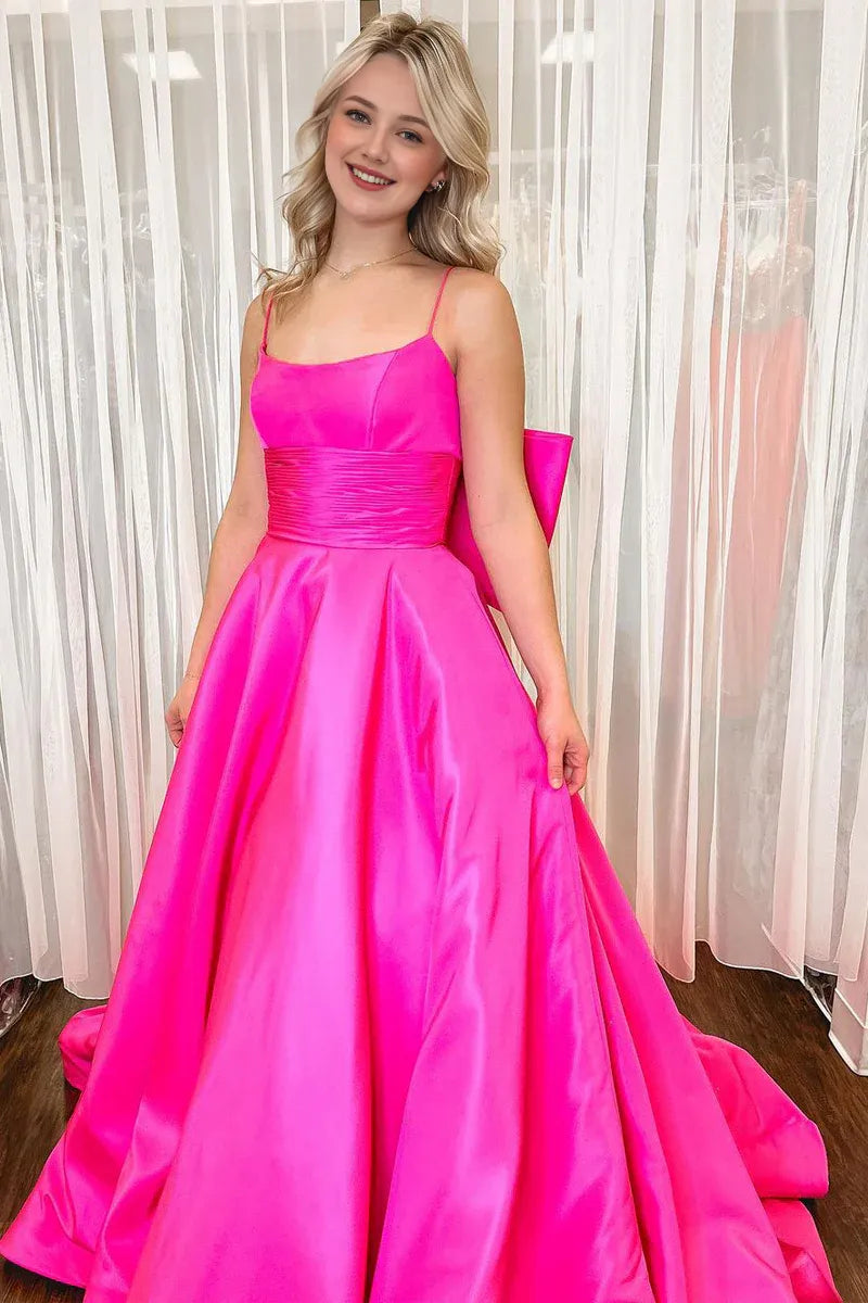 Fuchsia Scoop Neck Spaghetti Strap Satin Back Bow A-Line Prom Dresses