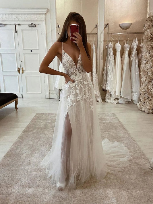 V -Hals -Tüll Spitze Langes Abschlussballkleid