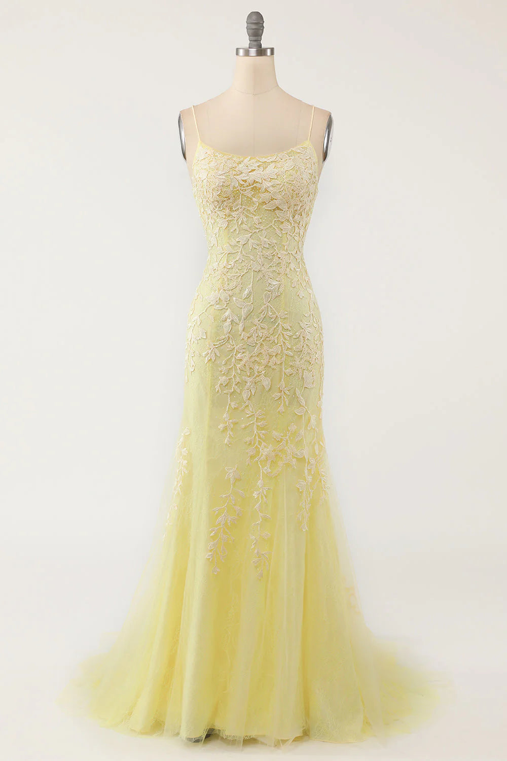 Mermaid Spaghetti Straps Light Pink Tulle Slim-fit Long Prom Dress with Appliques