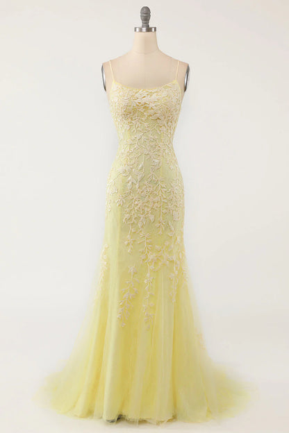 Mermaid Spaghetti Straps Light Pink Tulle Slim-fit Long Prom Dress with Appliques