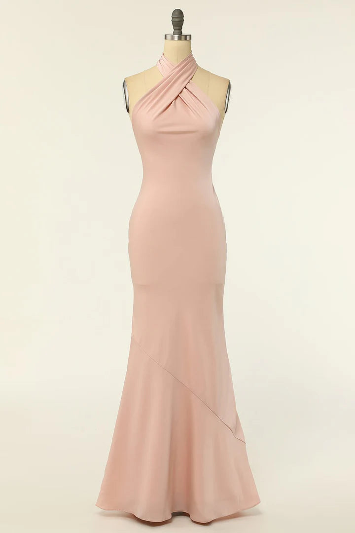 Blush Chiffon Halter Cross-Front Backless Long Bridesmaid Dress