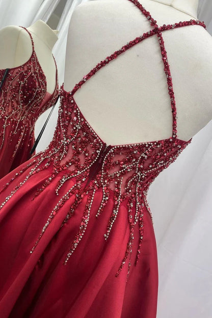 Satin Beaded V-Neck Backless Long Prom Dress
