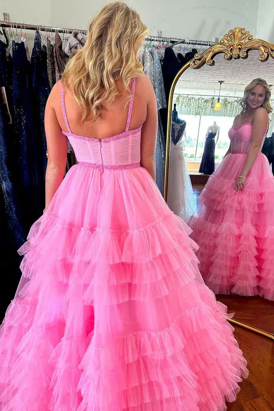 Cute A Line Spaghetti Strap Sweetheart Ruffle Tiered Tulle Prom Dress with Beading