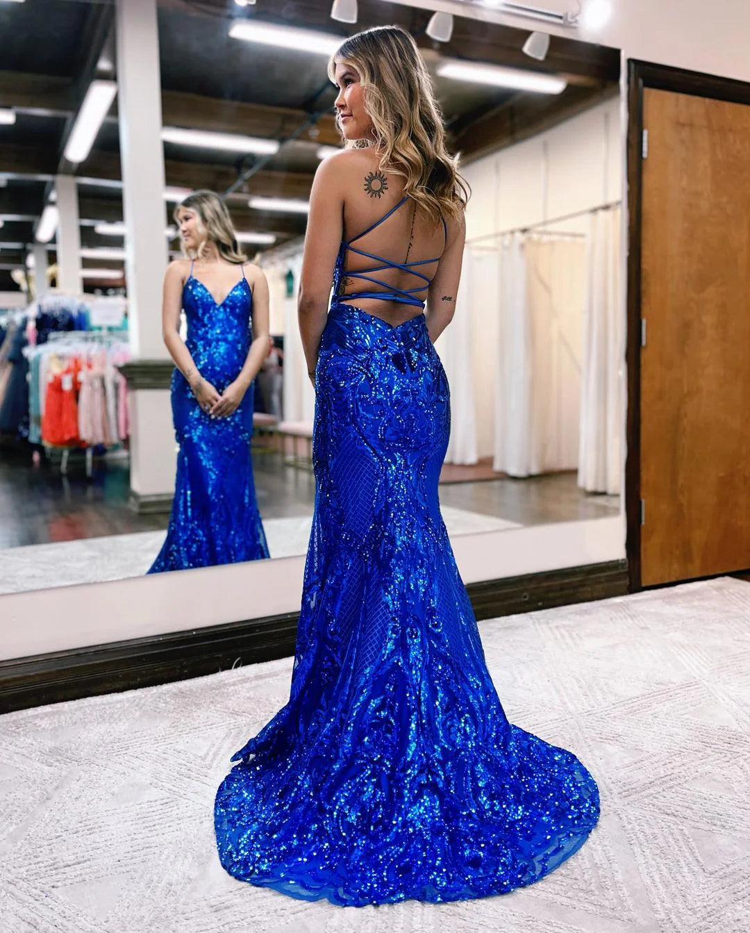 Charming Mermaid V Neck Spaghetti Strap Royal Blue Sequins Lace-Up Back Long Prom Dresses