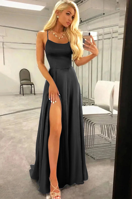 Black Square Neck Halter Lace-Up Back Backless A Line Satin Prom Dress