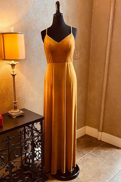 Burnt Orange Velvet V-Neck Spaghetti Backless Long Bridesmaid Dress