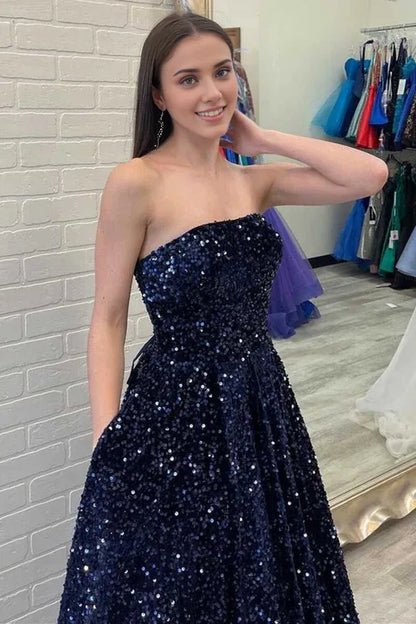 Sparkly A Line Off-the-Shoulder Strapless Navy Sequins Long Prom Dresses with Pockets