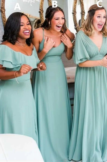 V-Neck/One-Shoulder/Off-the-Shoulder Mismatch Light Jade Chiffon Bridesmaid Dress